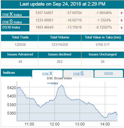 ডিএসই সূচকে ব্যাপক দর পতন