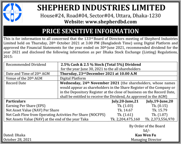 শেফার্ড ইন্ডাস্ট্রিজের মূল্য সংবেদনশীল তথ্য প্রকাশ